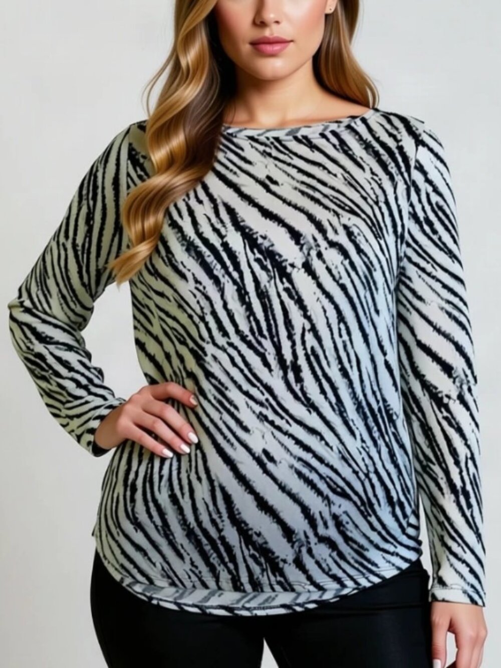 Parallel Skies Zebra Print Ruched Sides Long Sleeve Top Shirt L Streetwear Y2K